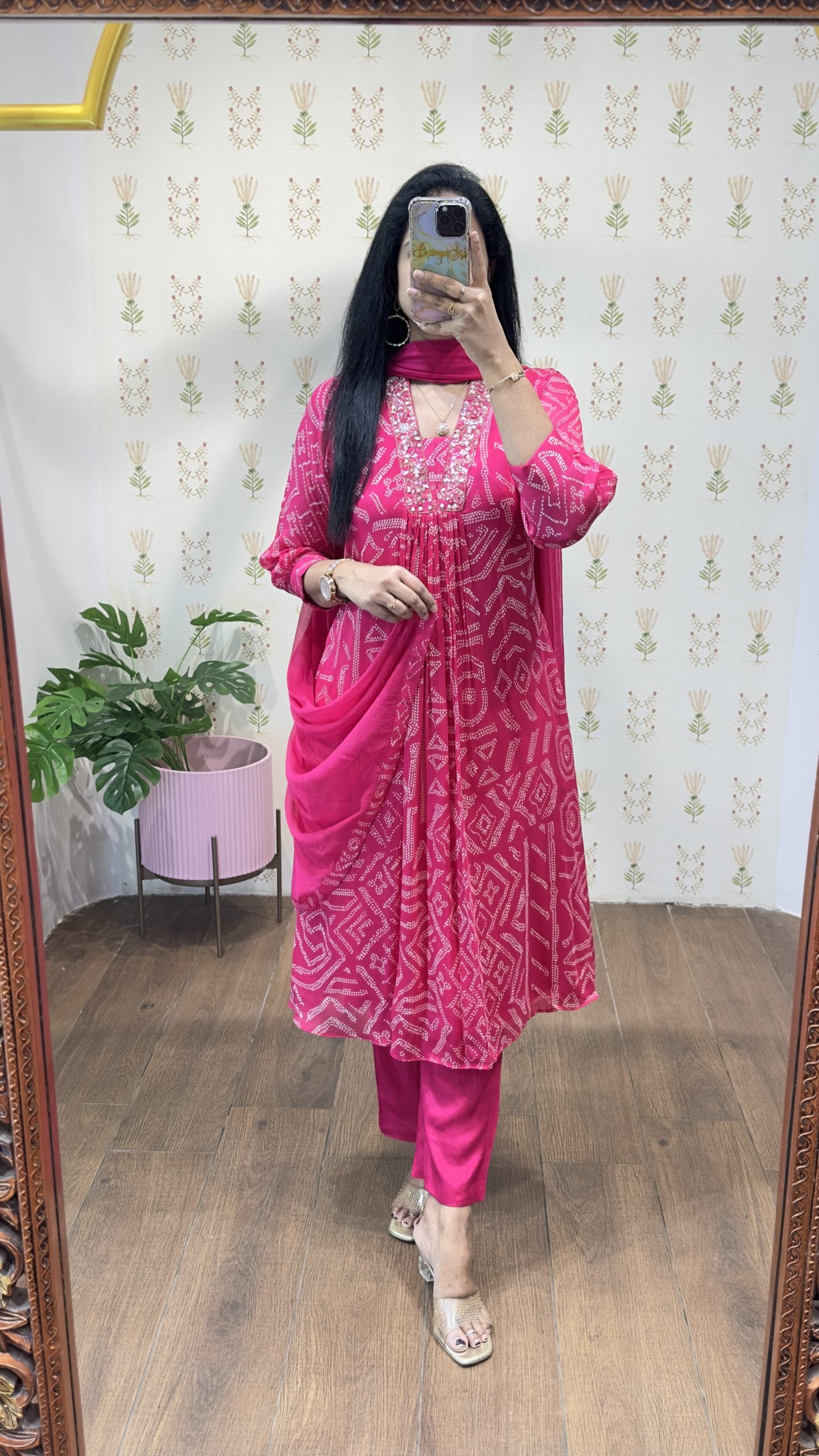 Pink Bandhini Chinnon Aline Suit Set