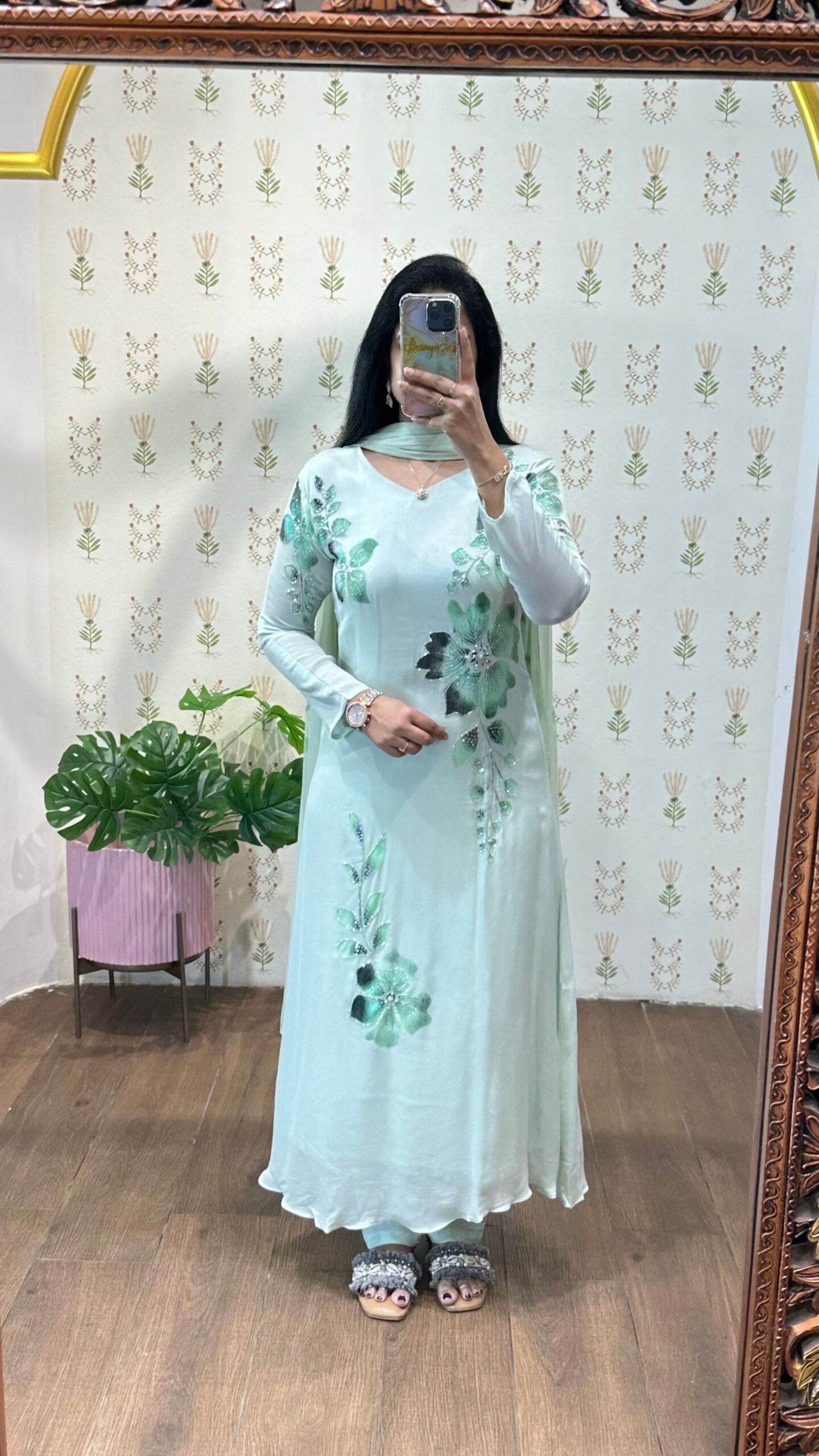 Light Green Handpainted & Handwork Aline