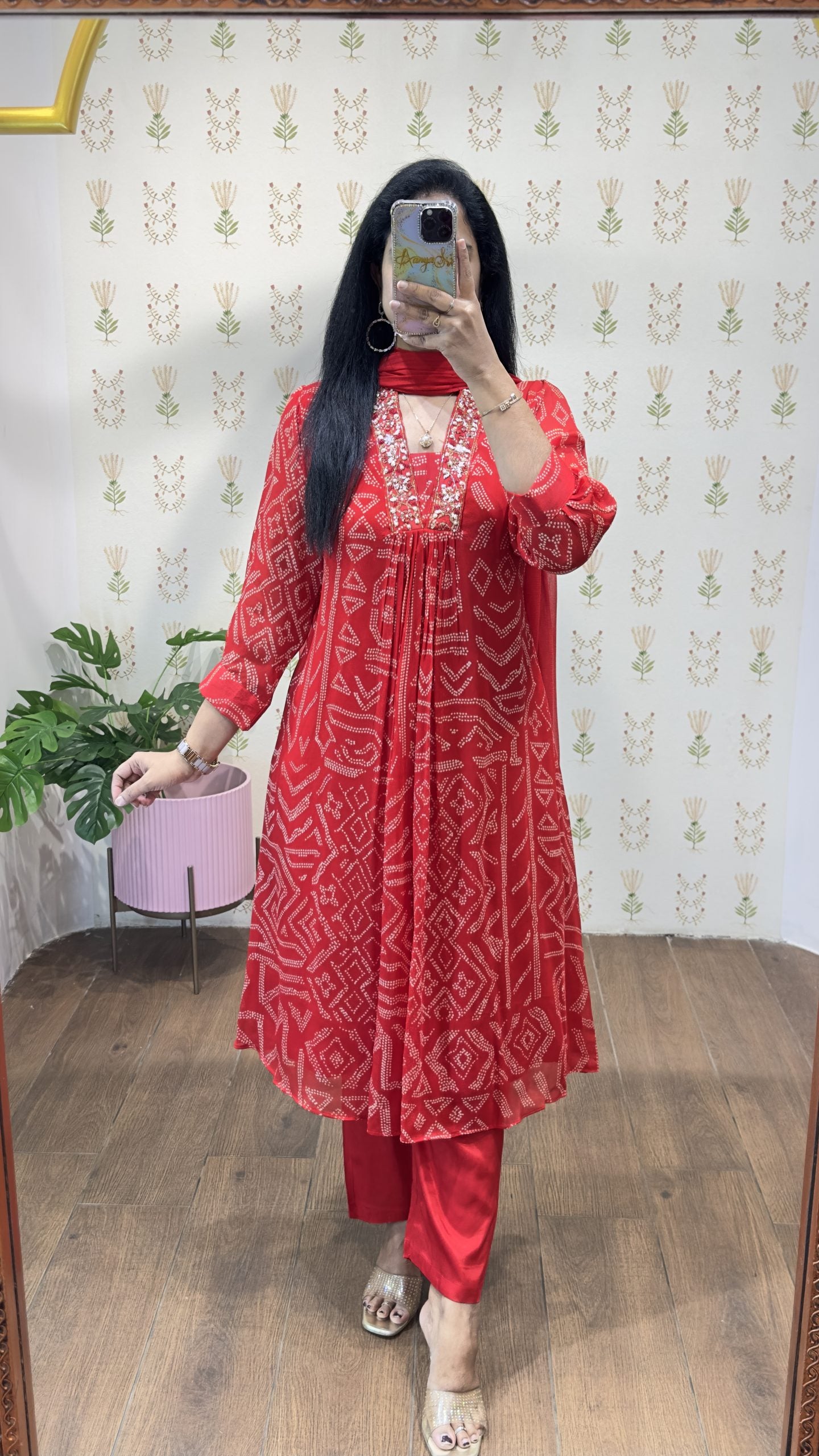 Red Bandhini Chinnon Aline Suit Set