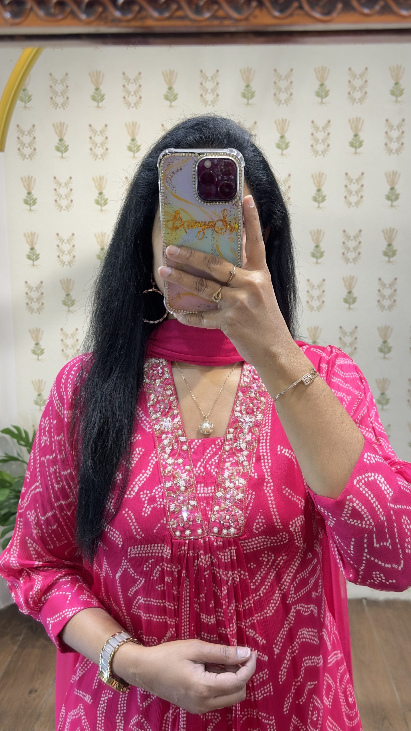 Pink Bandhini Chinnon Aline Suit Set