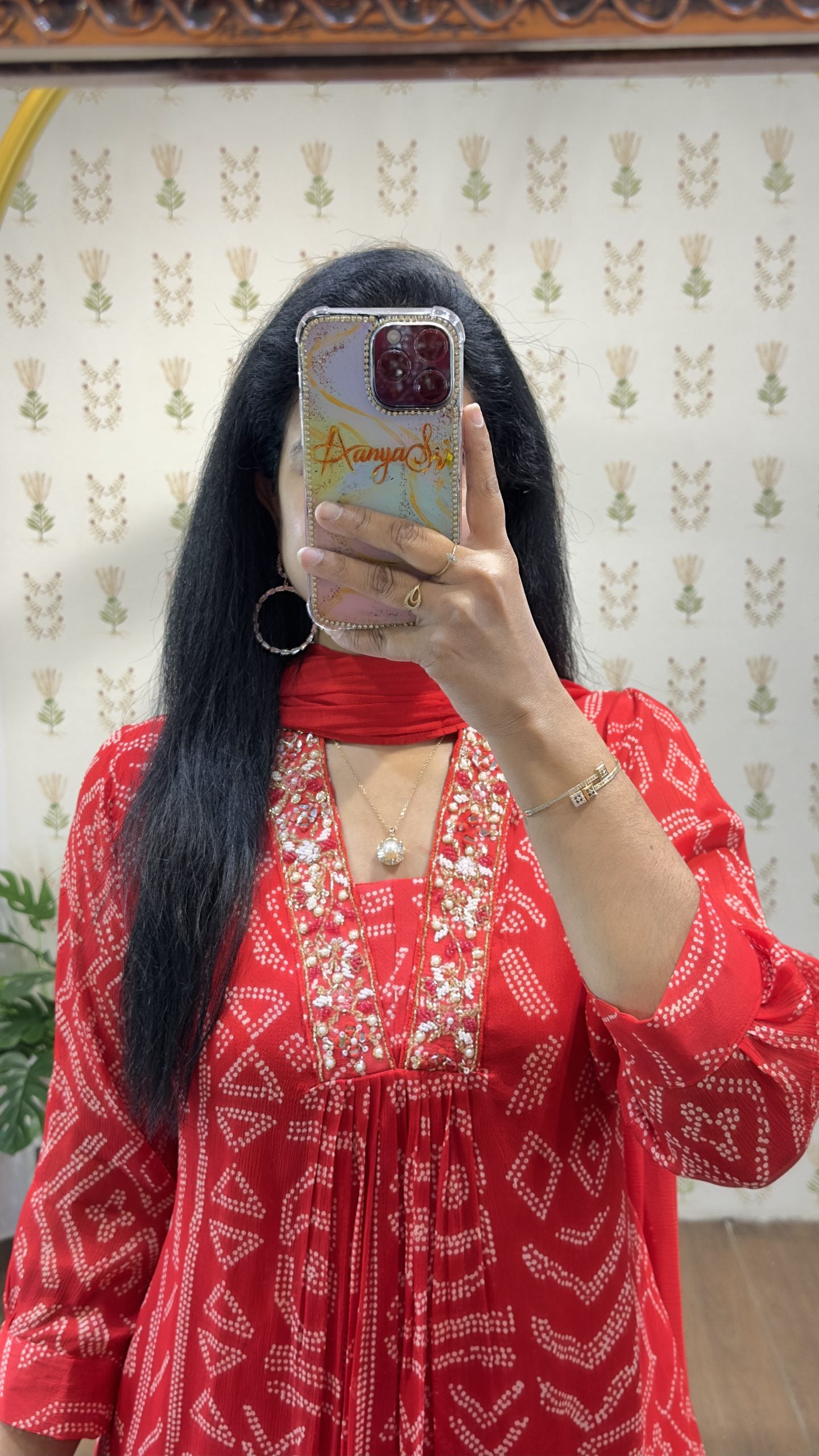 Red Bandhini Chinnon Aline Suit Set