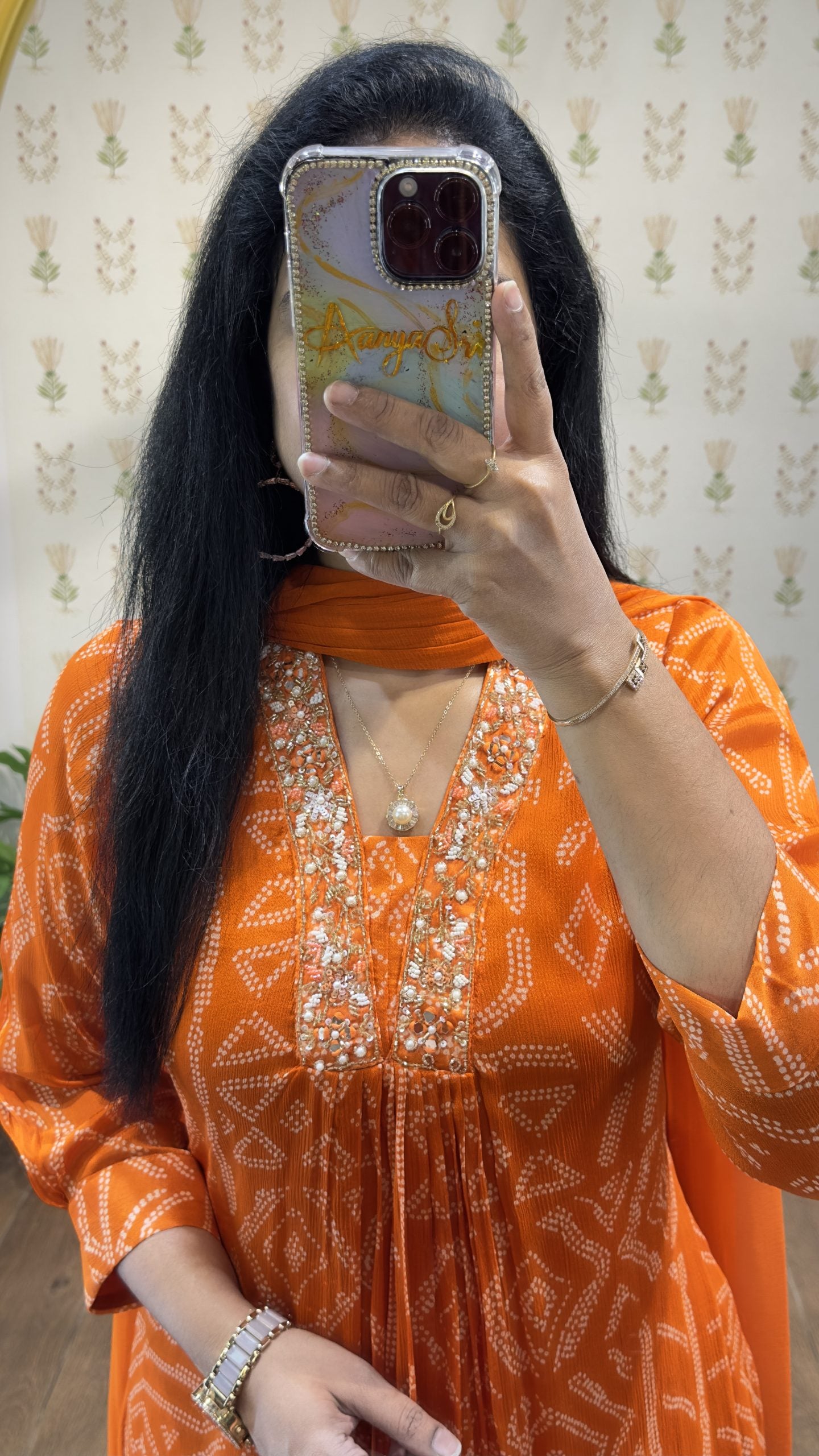 Orange Bandhini Chinnon Aline Suit Set