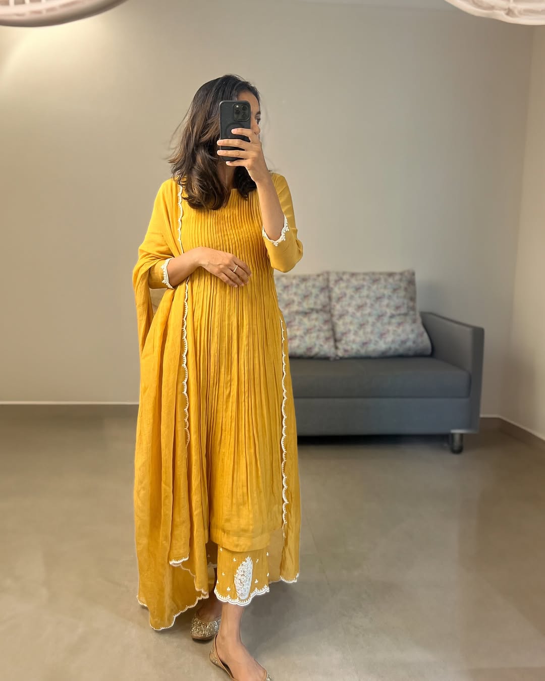 Yellow Mul Chanderi Suit Set